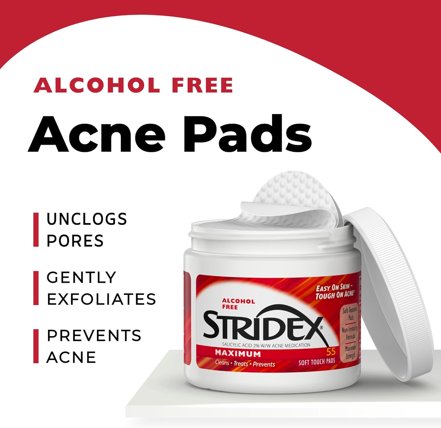 Stridex Maximum Alcohol Free Salicylic Acid Cleans-Treats-Prevents 55 Soft Touch Pads